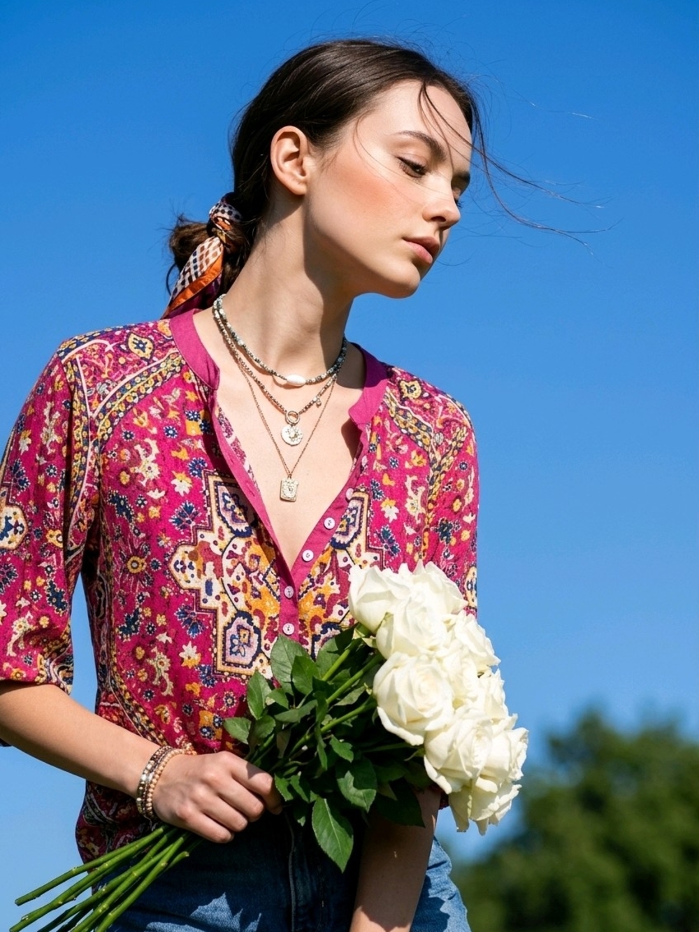 Women's Fuchsia Floral Button-Down Henley Shirt